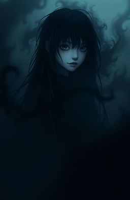 A somber and haunting scene featuring a girl surrounded by darkness that appears to be consuming her