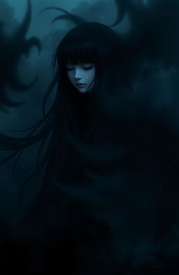 A somber and haunting scene featuring a girl surrounded by darkness that appears to be consuming her