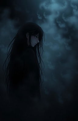 A somber and haunting scene featuring a girl surrounded by darkness that appears to be consuming her