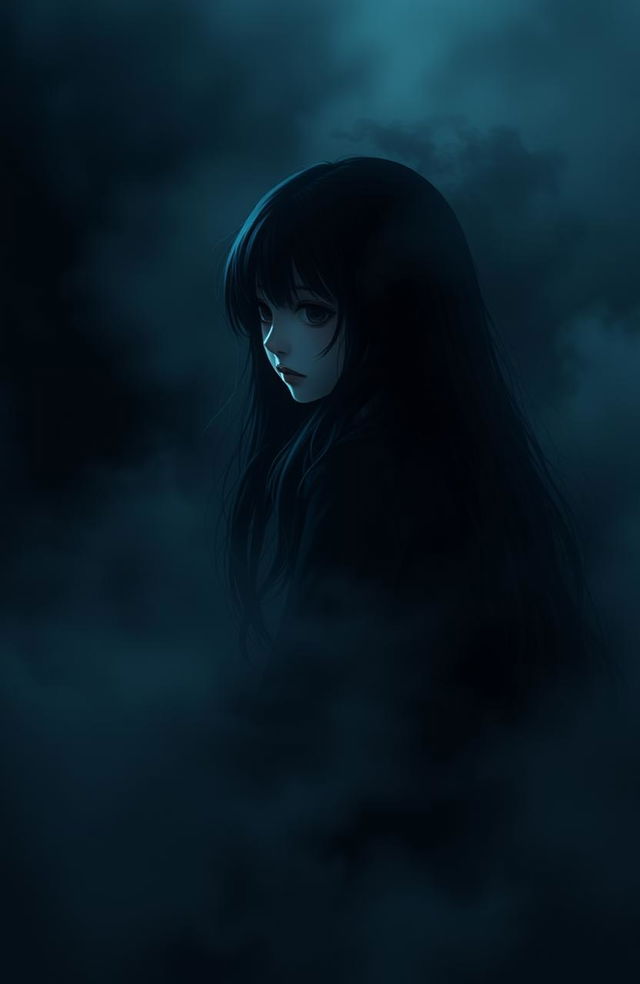 A somber and haunting scene featuring a girl surrounded by darkness that appears to be consuming her