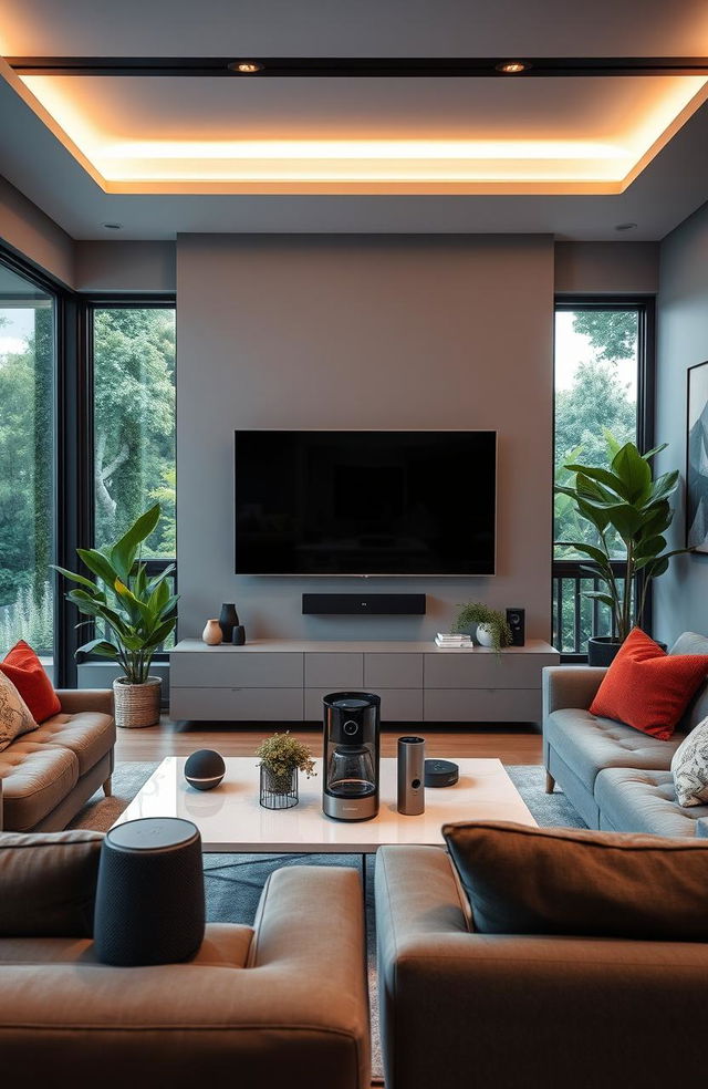 A modern smart home interior showcasing a sleek, comfortable living room with a large wall-mounted smart TV, stylish furniture, and smart lighting