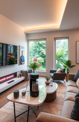 A modern smart home interior showcasing a sleek, comfortable living room with a large wall-mounted smart TV, stylish furniture, and smart lighting