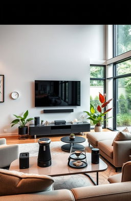 A modern smart home interior showcasing a sleek, comfortable living room with a large wall-mounted smart TV, stylish furniture, and smart lighting