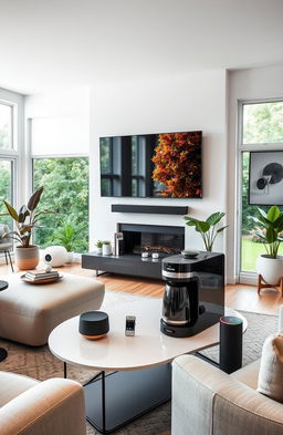 A modern smart home interior showcasing a sleek, comfortable living room with a large wall-mounted smart TV, stylish furniture, and smart lighting