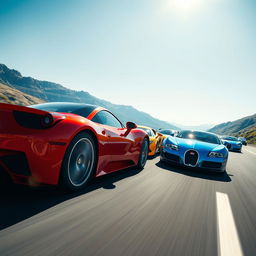 Wide-angle shot of a fleet of vibrant sports cars, including a red Ferrari, yellow Lamborghini, and sleek blue Bugatti, speeding along a sun-drenched motorway
