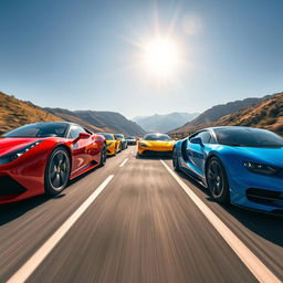 Wide-angle shot of a fleet of vibrant sports cars, including a red Ferrari, yellow Lamborghini, and sleek blue Bugatti, speeding along a sun-drenched motorway