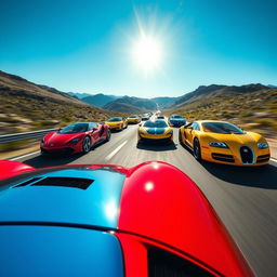 Wide-angle shot of a fleet of vibrant sports cars, including a red Ferrari, yellow Lamborghini, and sleek blue Bugatti, speeding along a sun-drenched motorway