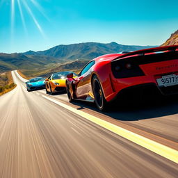 Wide-angle shot of a fleet of vibrant sports cars, including a red Ferrari, yellow Lamborghini, and sleek blue Bugatti, speeding along a sun-drenched motorway