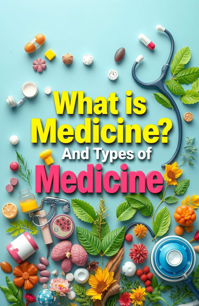 A colorful and engaging book cover design featuring the title 'What is Medicine? And Types of Medicine' prominently displayed in bold typography