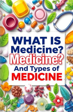 A colorful and engaging book cover design featuring the title 'What is Medicine? And Types of Medicine' prominently displayed in bold typography