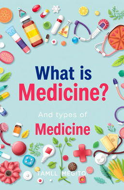 A colorful and engaging book cover design featuring the title 'What is Medicine? And Types of Medicine' prominently displayed in bold typography