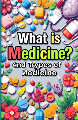 A colorful and engaging book cover design featuring the title 'What is Medicine? And Types of Medicine' prominently displayed in bold typography