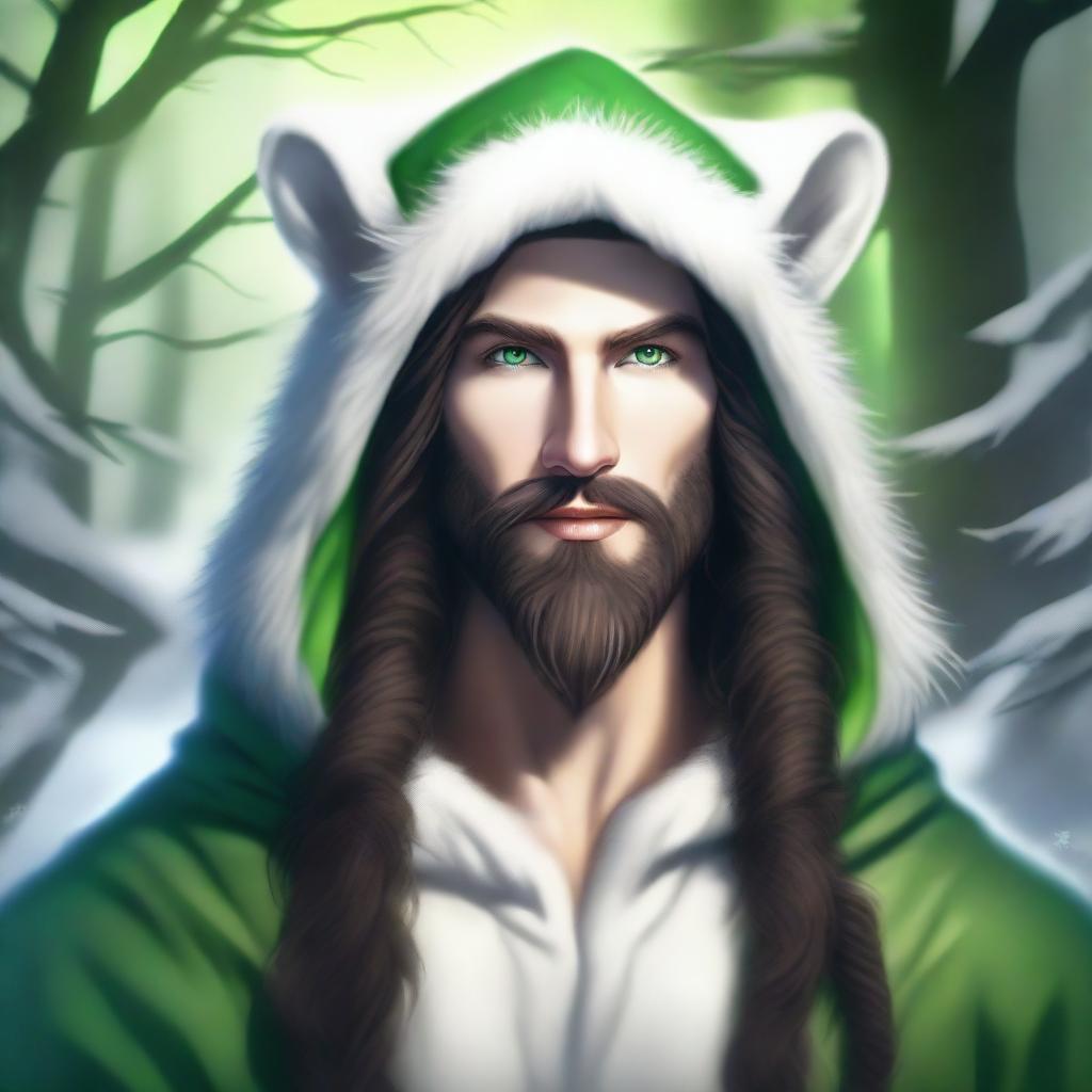 A high-quality digital art image featuring a male elf druid with dark brown hair and striking green eyes