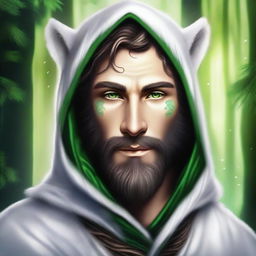 A high-quality digital art image featuring a male elf druid with dark brown hair and striking green eyes