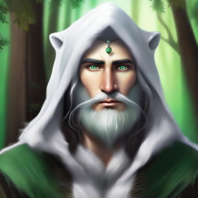 A high-quality digital art image featuring a male elf druid with dark brown hair and striking green eyes