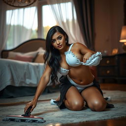 A sensual Indian brunette maid cleaning the floor in a cozy bedroom at night, showcasing her deep cleavage