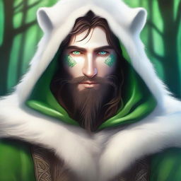 A high-quality digital art image featuring a male elf druid with dark brown hair and striking green eyes