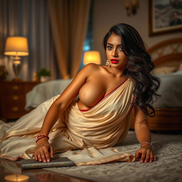 A captivating Indian brunette maid in a stylish saree at night, gracefully lying on the floor while cleaning in a beautifully decorated bedroom