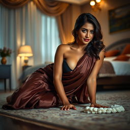 A captivating Indian brunette maid in a stylish saree at night, gracefully lying on the floor while cleaning in a beautifully decorated bedroom