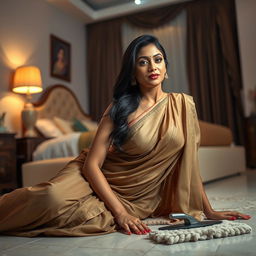 A captivating Indian brunette maid in a stylish saree at night, gracefully lying on the floor while cleaning in a beautifully decorated bedroom