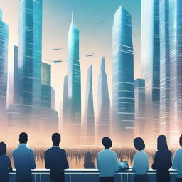 A high-quality digital art image showcasing a futuristic cityscape, with skyscrapers interlaced with advanced technology, representing 'Business' and 'Technology'