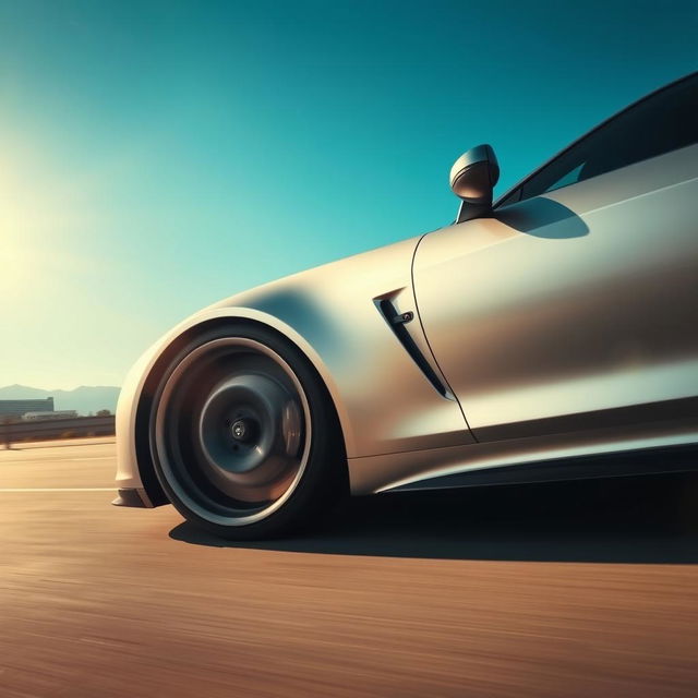 Close-up shot of a luxury sports car’s sleek wheel spinning rapidly, showcasing the matte silver body of the car reflecting sunlight against a sunny, expansive highway