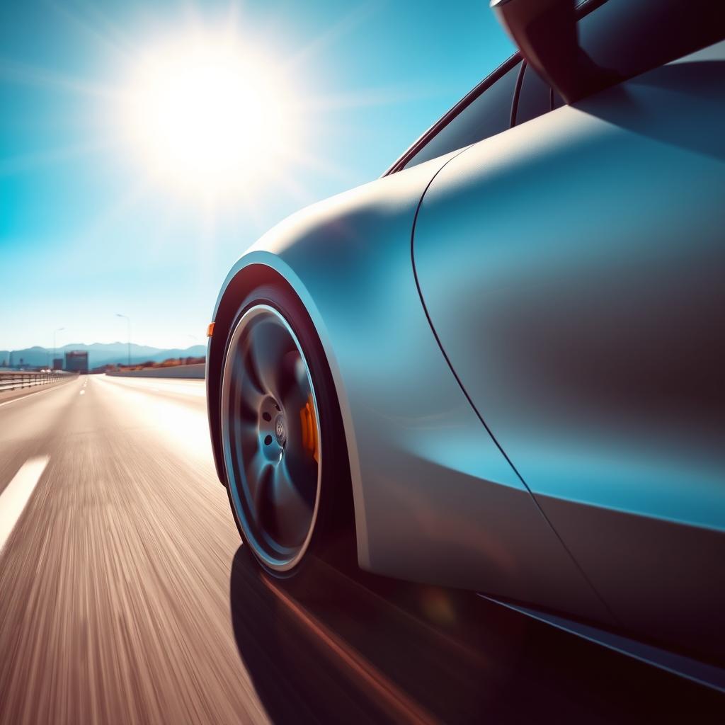 Close-up shot of a luxury sports car’s sleek wheel spinning rapidly, showcasing the matte silver body of the car reflecting sunlight against a sunny, expansive highway