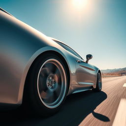 Close-up shot of a luxury sports car’s sleek wheel spinning rapidly, showcasing the matte silver body of the car reflecting sunlight against a sunny, expansive highway