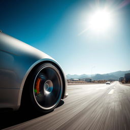 Close-up shot of a luxury sports car’s sleek wheel spinning rapidly, showcasing the matte silver body of the car reflecting sunlight against a sunny, expansive highway