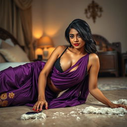A sultry Indian brunette maid in a stunning purple saree and black blouse, gracefully lying on the floor while cleaning in a beautifully decorated bedroom at night