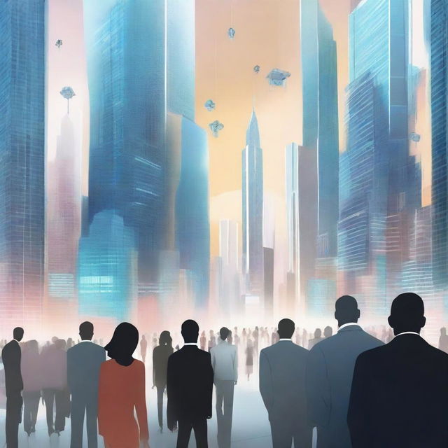 A high-quality digital art image showcasing a futuristic cityscape, with skyscrapers interlaced with advanced technology, representing 'Business' and 'Technology'