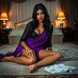 An alluring Indian brunette maid in a stunning purple saree and black blouse, lying on the floor while cleaning in an elegantly decorated bedroom at night