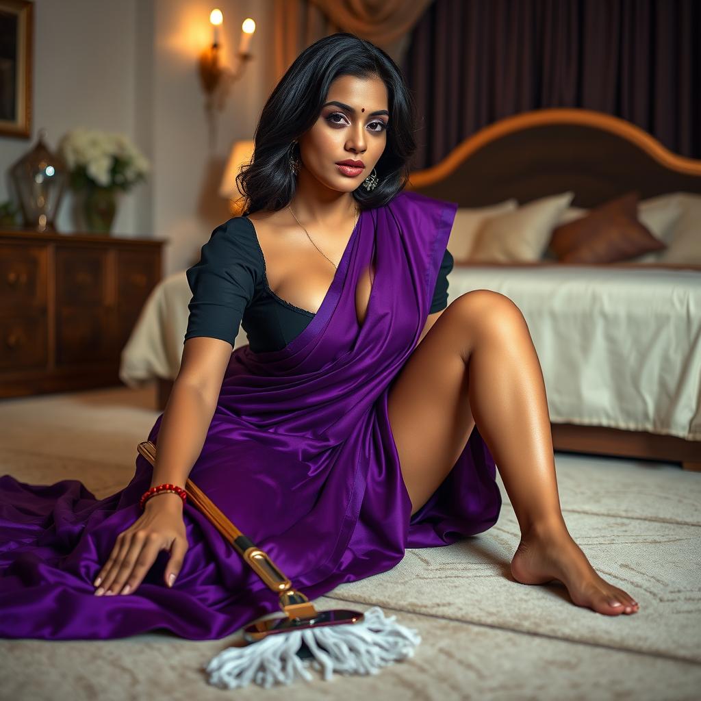 An alluring Indian brunette maid in a stunning purple saree and black blouse, lying on the floor while cleaning in an elegantly decorated bedroom at night