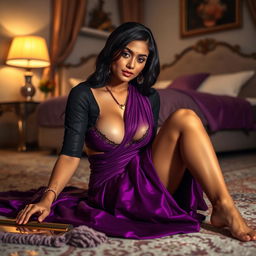 An alluring Indian brunette maid in a stunning purple saree and black blouse, lying on the floor while cleaning in an elegantly decorated bedroom at night