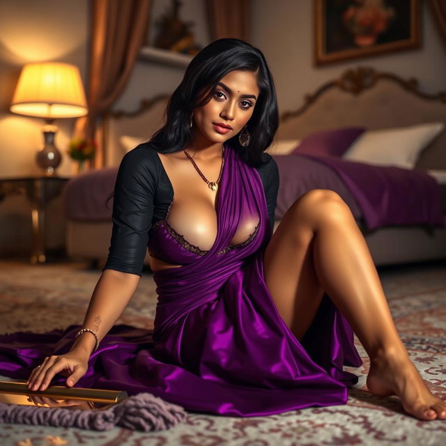 An alluring Indian brunette maid in a stunning purple saree and black blouse, lying on the floor while cleaning in an elegantly decorated bedroom at night