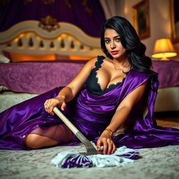 An alluring Indian brunette maid in a stunning purple saree and black blouse, lying on the floor while cleaning in an elegantly decorated bedroom at night