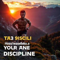 A visually striking and motivational scene depicting a person engaged in a disciplined activity, such as a runner training on a scenic mountain trail at sunrise