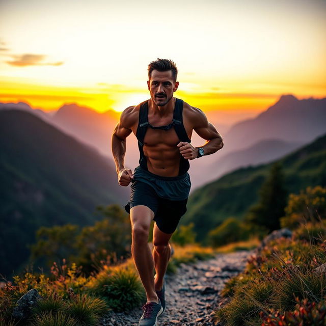 A visually striking and motivational scene depicting a person engaged in a disciplined activity, such as a runner training on a scenic mountain trail at sunrise