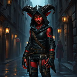 An adventurous 14-year-old tiefling rogue with enchanting crimson skin and curling ebony horns, clad in a sleek, dark leather outfit that accentuates agility and stealth