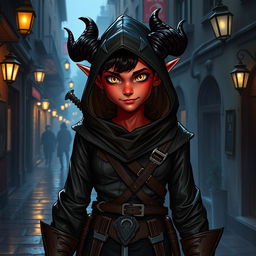 An adventurous 14-year-old tiefling rogue with enchanting crimson skin and curling ebony horns, clad in a sleek, dark leather outfit that accentuates agility and stealth