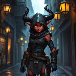 An adventurous 14-year-old tiefling rogue with enchanting crimson skin and curling ebony horns, clad in a sleek, dark leather outfit that accentuates agility and stealth