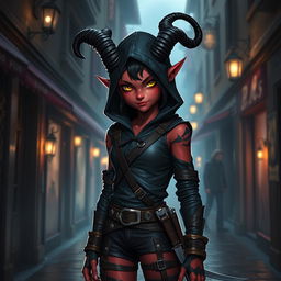 An adventurous 14-year-old tiefling rogue with enchanting crimson skin and curling ebony horns, clad in a sleek, dark leather outfit that accentuates agility and stealth