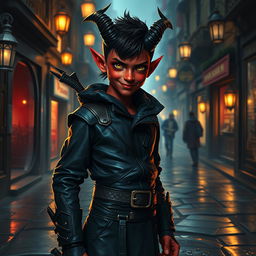 An adventurous 14-year-old tiefling boy rogue with striking crimson skin and small, curved ebony horns, dressed in a sleek, dark leather outfit designed for stealth and agility