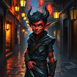 An adventurous 14-year-old tiefling boy rogue with striking crimson skin and small, curved ebony horns, dressed in a sleek, dark leather outfit designed for stealth and agility