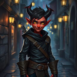 An adventurous 14-year-old tiefling boy rogue with striking crimson skin and small, curved ebony horns, dressed in a sleek, dark leather outfit designed for stealth and agility