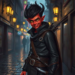 An adventurous 14-year-old tiefling boy rogue with striking crimson skin and small, curved ebony horns, dressed in a sleek, dark leather outfit designed for stealth and agility