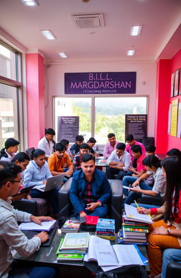 A vibrant and dynamic scene inside a modern coaching institute named 'B