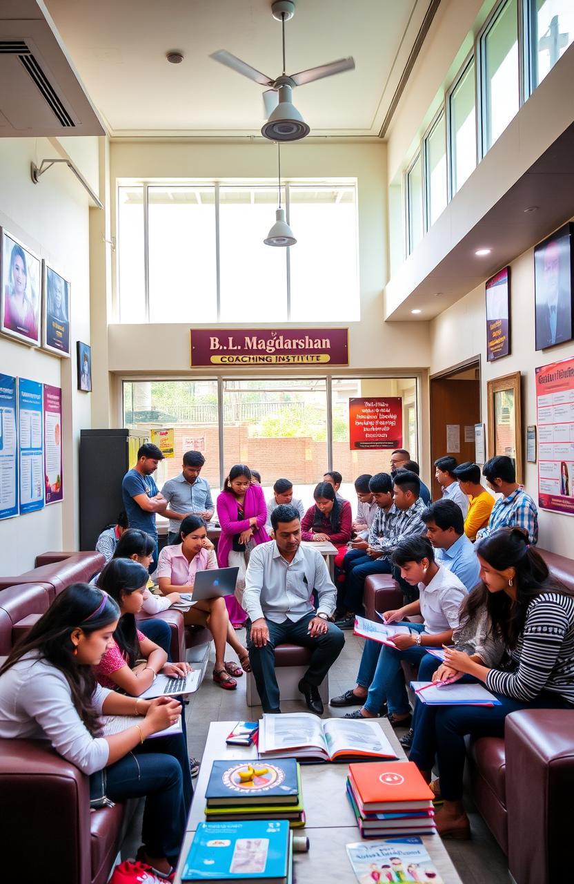 A vibrant and dynamic scene inside a modern coaching institute named 'B