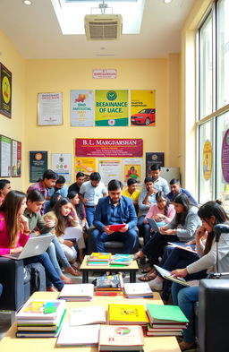 A vibrant and dynamic scene inside a modern coaching institute named 'B