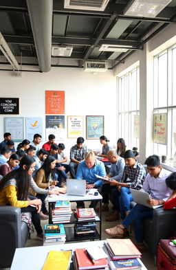 A vibrant and dynamic scene inside a modern coaching institute named 'B